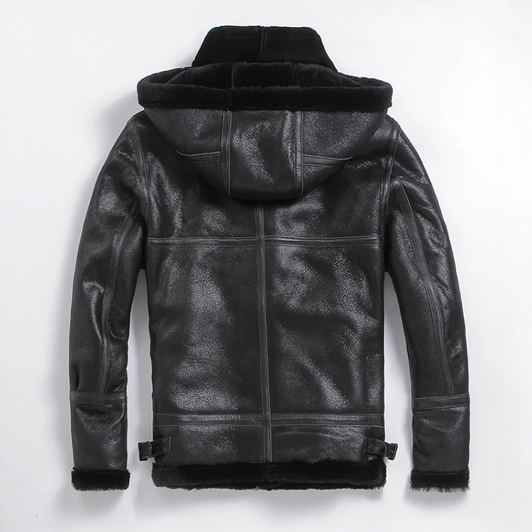 Мужская куртка Авиатор из натуральной овчины черная кашемировая с капюшоном 3xl 4xl