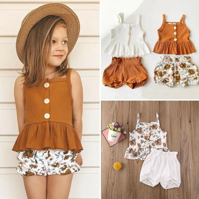 

2020 2Pcs Kids Baby Girl Clothes Sleeveless Tops Dress Flower Shorts Pants Children Outfit Set