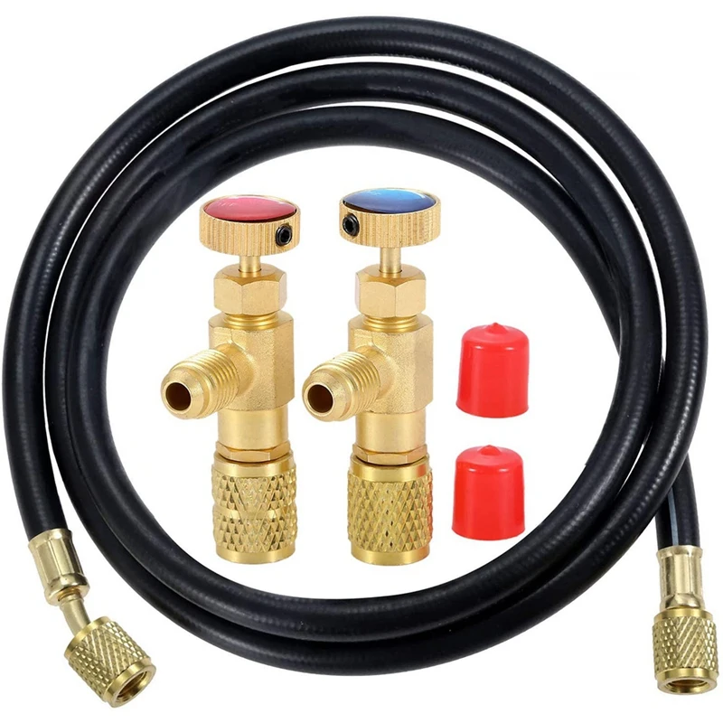 

R12 R410 Refrigerant Charging Valve,with 59inch R410A AC Refrigerant Hoses, Safety Adapter Flow Control Ball Valve