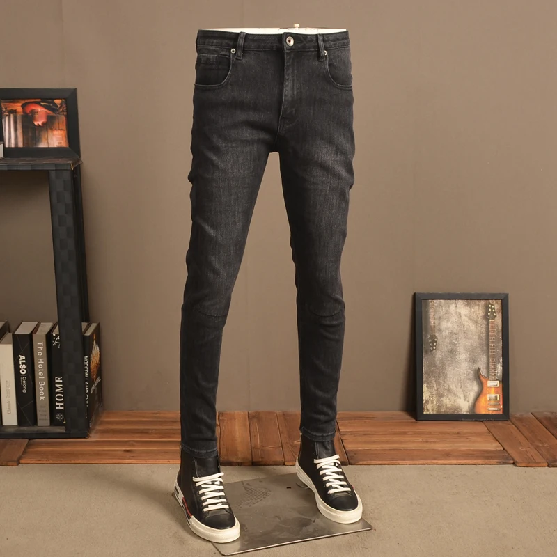 Autumn Men Black Jeans Fashion Korean Style Knee Ripped Holes Slim Fit Pencil Pants