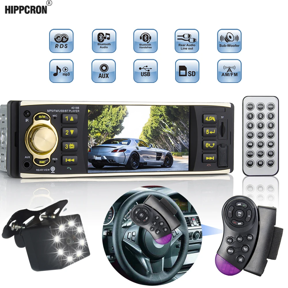 Автомагнитола Hippcron 1 Din 4 дюйма Bluetooth USB AUX FM с камерой заднего вида и пультом