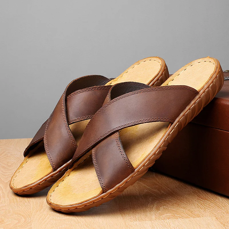 

Summer Men's Outdoor Retro Genuine Leather Slippers Designer Slides Men Luxury Slipers Chinelo Slide Brown Big Size 47