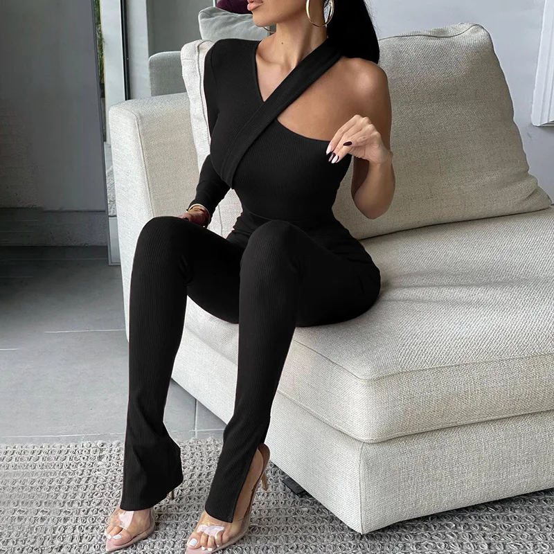 

Women's Tracksuit 2 Piece Set Ribbed Trouser Suits One Shoulder Bodysuit+Split Leggings Pants Sets Matching Outfits Women's Suit