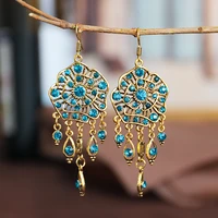 boho vintage long hollow flower tassel dangle earrings for women ethnic rhinestone gold color geometric jhumka earrings jewelry