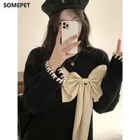 o neck bow knot decoration knit woman pullovers loose casual long sleeve sweaters women autumn winter new tops mujer
