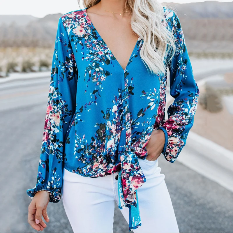 

Винтажные топы с цветочным принтом, шифоновые футболки с V-образным вырезом и завязкой, с длинным рукавом-фонариком, женские топы