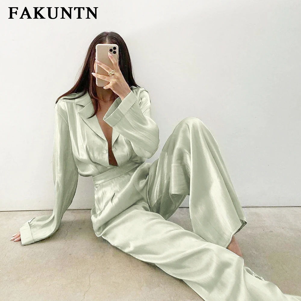 구매 FAKUNTN 여성 세트 라운지웨어 2021 패션 가을 겨울 긴팔 셔츠와 바지 기질 투피스 세트 여성 의류 구매 FAKUNTN 여성 세트 라운지웨어 2021 패션 가을 겨울 긴팔 셔츠와 바지 기질 투피스 세트 여성 의류