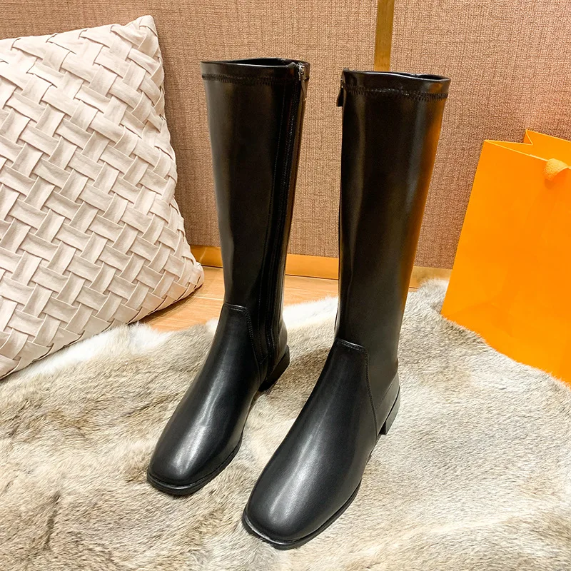 

2020 mother boots square head knight boots autumn and winter boots women's but knee high tube Brown women's Boots