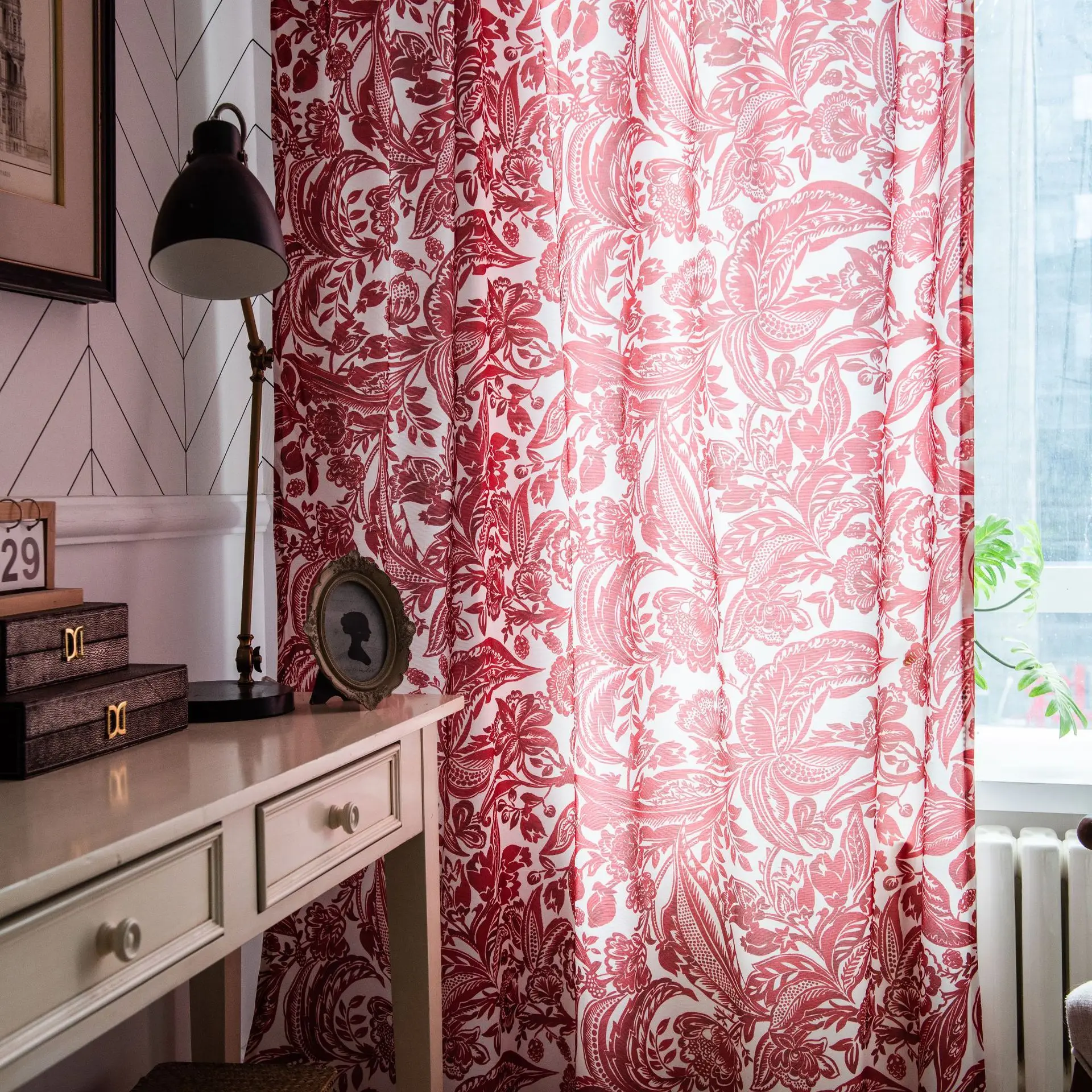 

Red Printed Curtains Floral Window Drapes Cotton Linen Kitchen Curtain Traditional Chinese Window Decor Living Room Bedroom