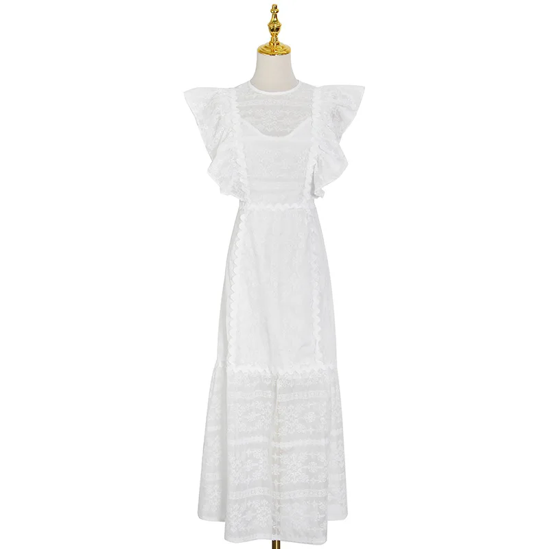

Summer Chiffon splicing long skirt 2021 new flying sleeve round neck waist close fitting daily commuting dress