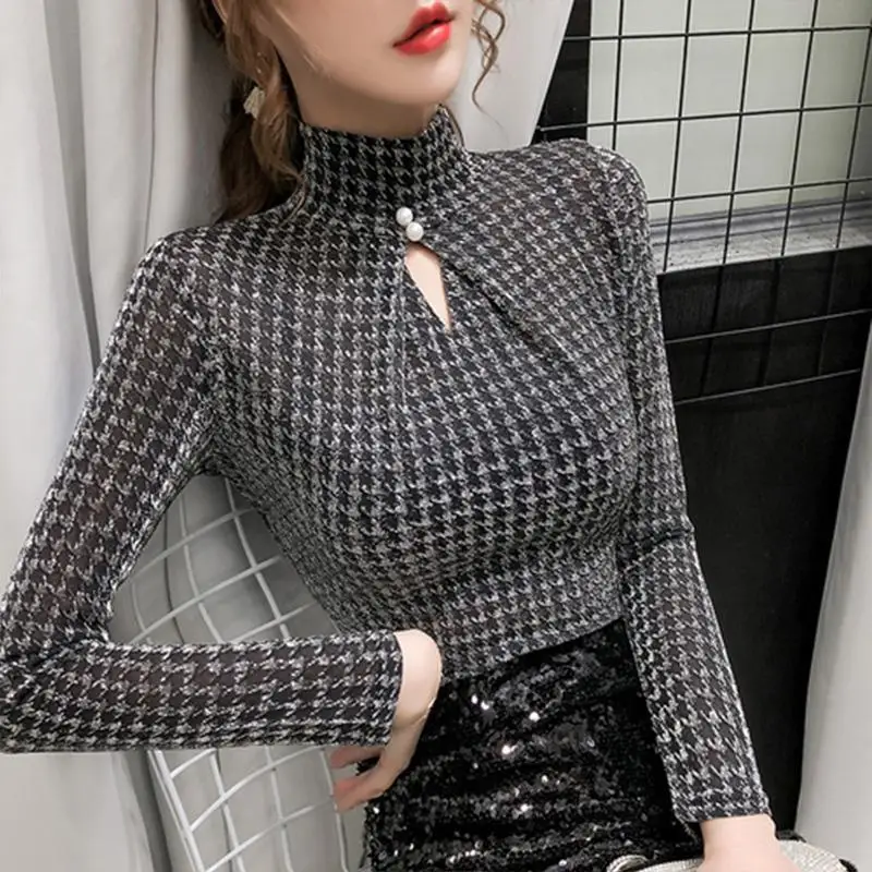 

Autumn Spring Women Solid Color Plaid Female Long Sleeve Blouse Plaid Shirts Women Cotton Tops High-Neck Women Shirt Tops D09
