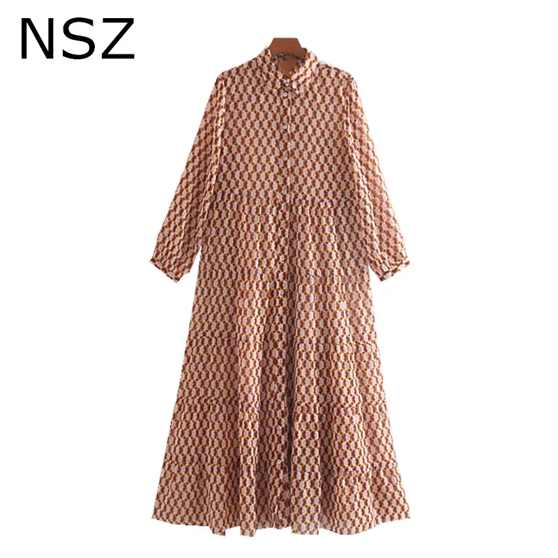 Женское винтажное платье NSZ Длинное Макси Шифоновое Платье с длинным рукавом и