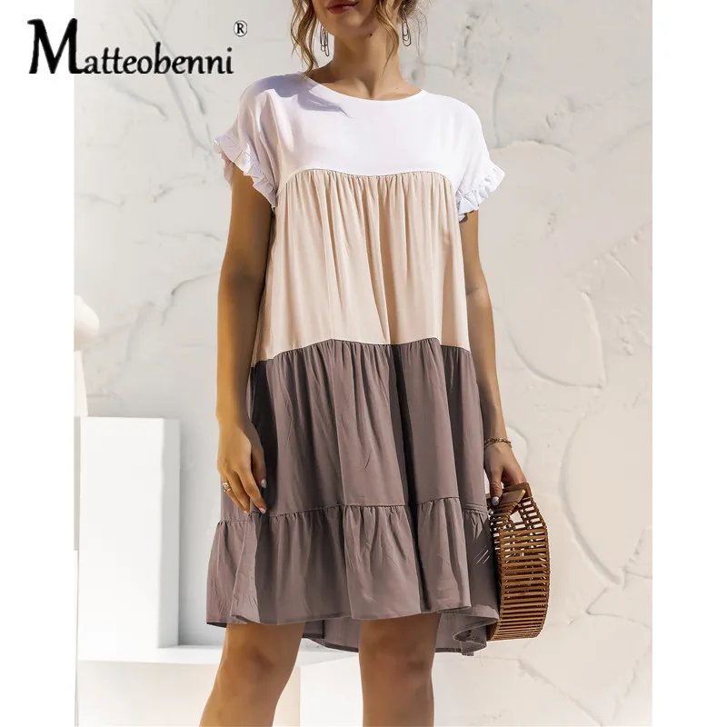 

Elegant Summer New Ruffles Short Sleeve O-neck Loose Dress 2021 New Women Casual Patchwork Color Fashion Mini Dress Streetwear