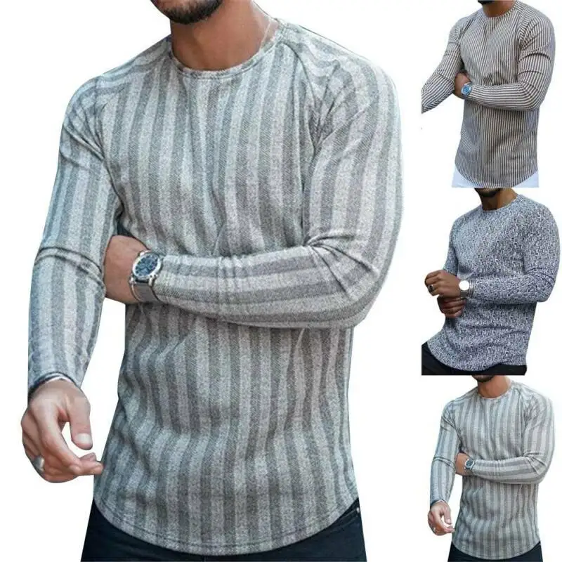 

New Mens Stripedblouse pullover long sleve crewneck menT-Shirt Casual Slim Fit O Neck Pullover Blouse Tops