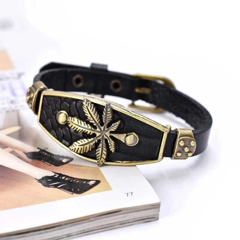 

Black high quality men's Genuine Leather bracelet vintage maple leaf woven handmade beaded unisex bracelet gift jewelry