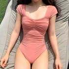 Женский треугольный слитный комбинезон, однотонный купальник с короткими рукавами и рюшами, без стальных вставок, в Корейском стиле, 2019