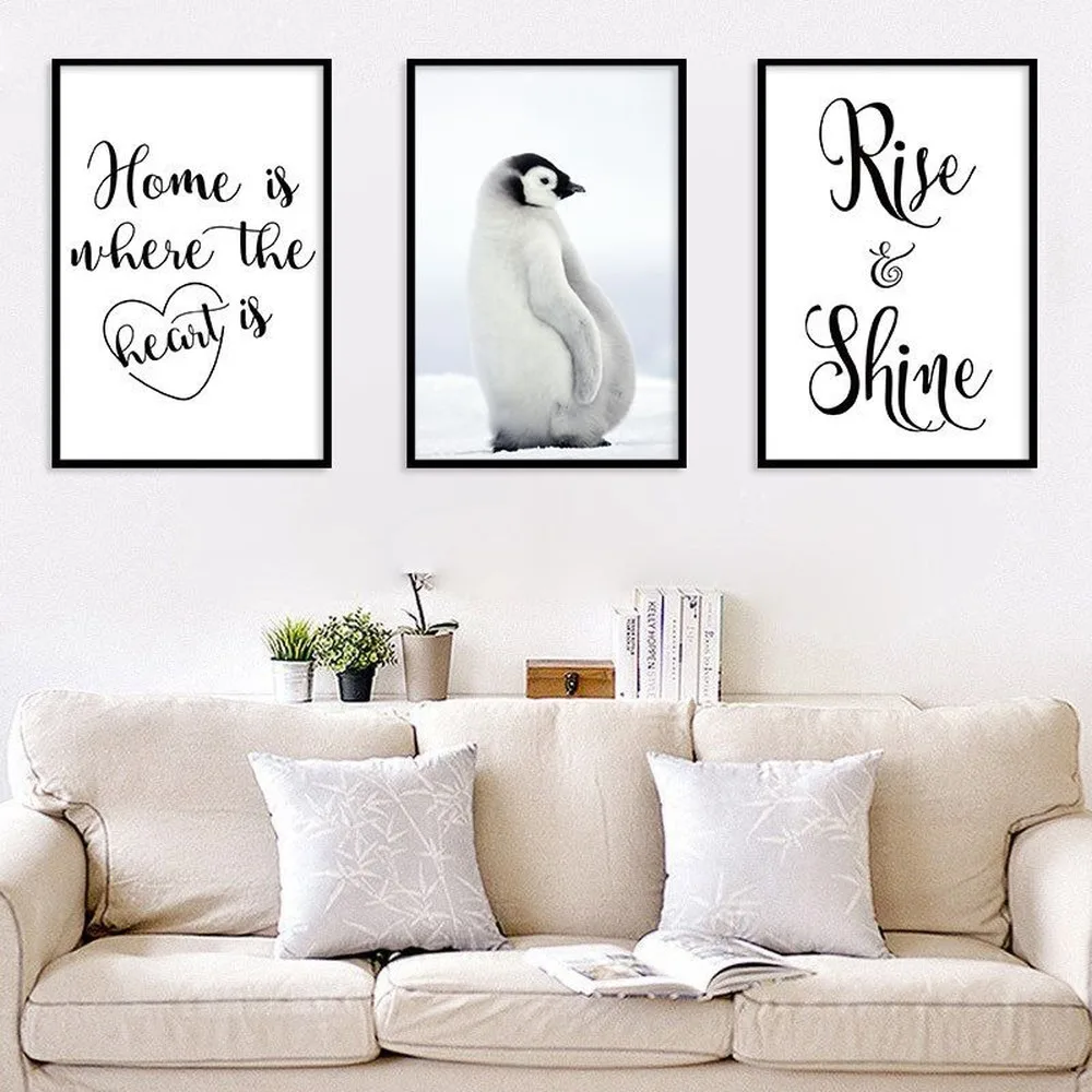 Простые черно белые животные Пингвин холст живопись английская фраза дома где