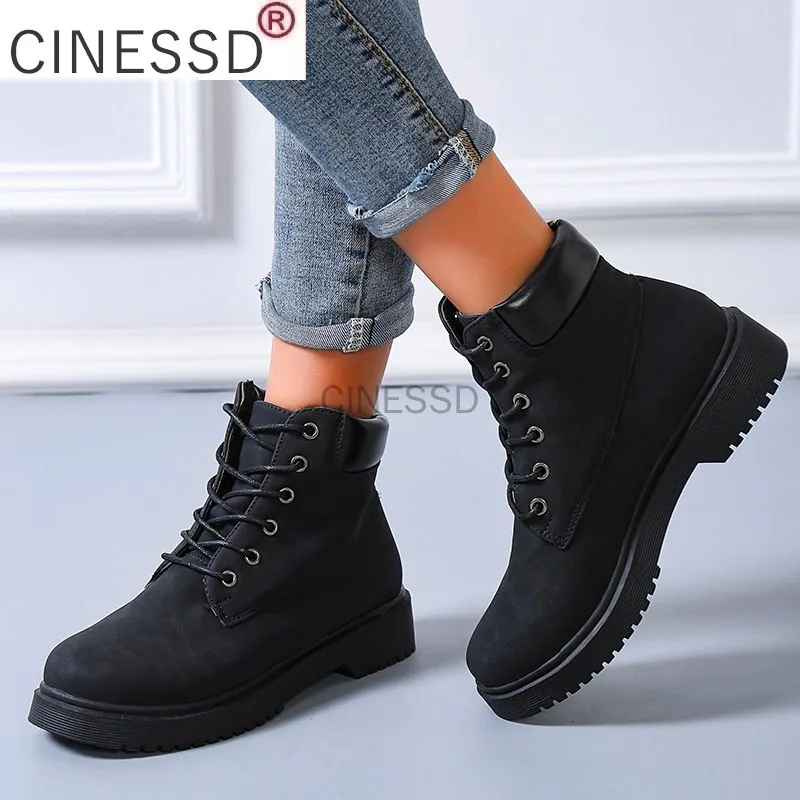 

England Winter 2022 Martin Boots Snow Boots Ankle Platform Shoes Woman Fashion Lace-Up Non-slip Plush Size 35-42 High Quality