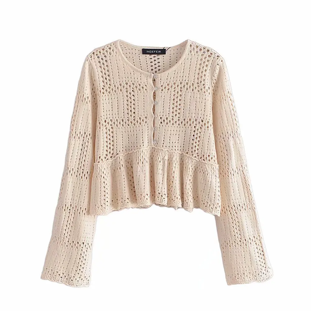 

New Women Vogue Knit Sweater Top Long sleeves Ruffled Hem Crochet hollow out Casual Woman Knitted sweaters Pullover Tops