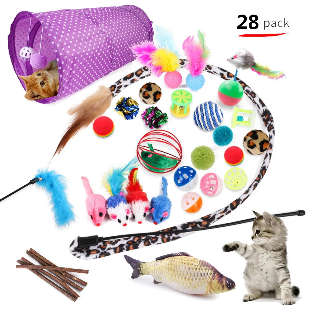 

28Pcs Cat Toys Set Kitten Toys Assorted Cat Tunnel Catnip Fish Feather Teaser Wand Fish Fluffy Mouse Mice Balls and Bells Toys