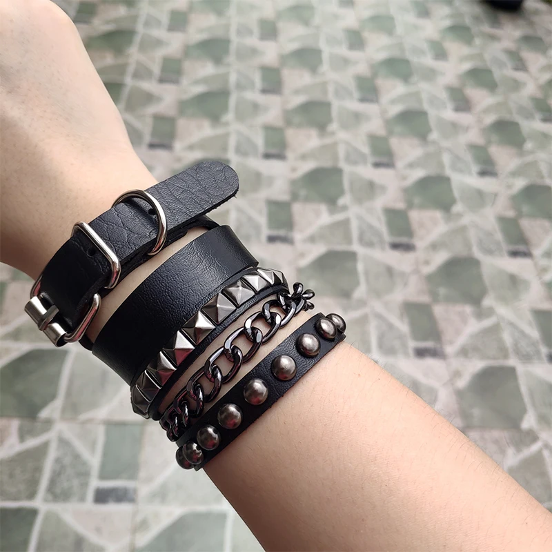 2Pcs/Set PU Black Leather Wristband Cuff Bracelet Gothic Women Men Armbands Wrist Jewelry Punk Rock Hiphop Goth Accessories