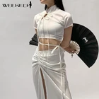 Женская футболка с коротким рукавом Weekeep, белая Облегающая водолазка в китайском стиле, сексуальный укороченный топ, лето 2021, элегантная Однотонная футболка