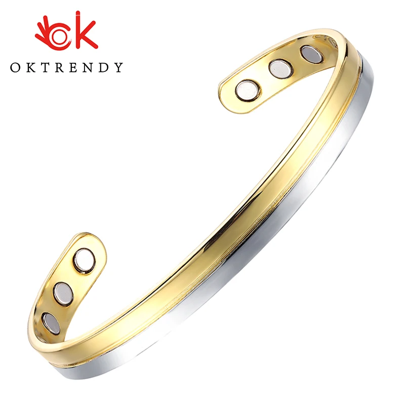 

Oktrendy Magnetic Pure Copper Cuff Bangle For Women 8mm Adjustable Health Energy Gold silver-Color Matching Magnetic Bangles