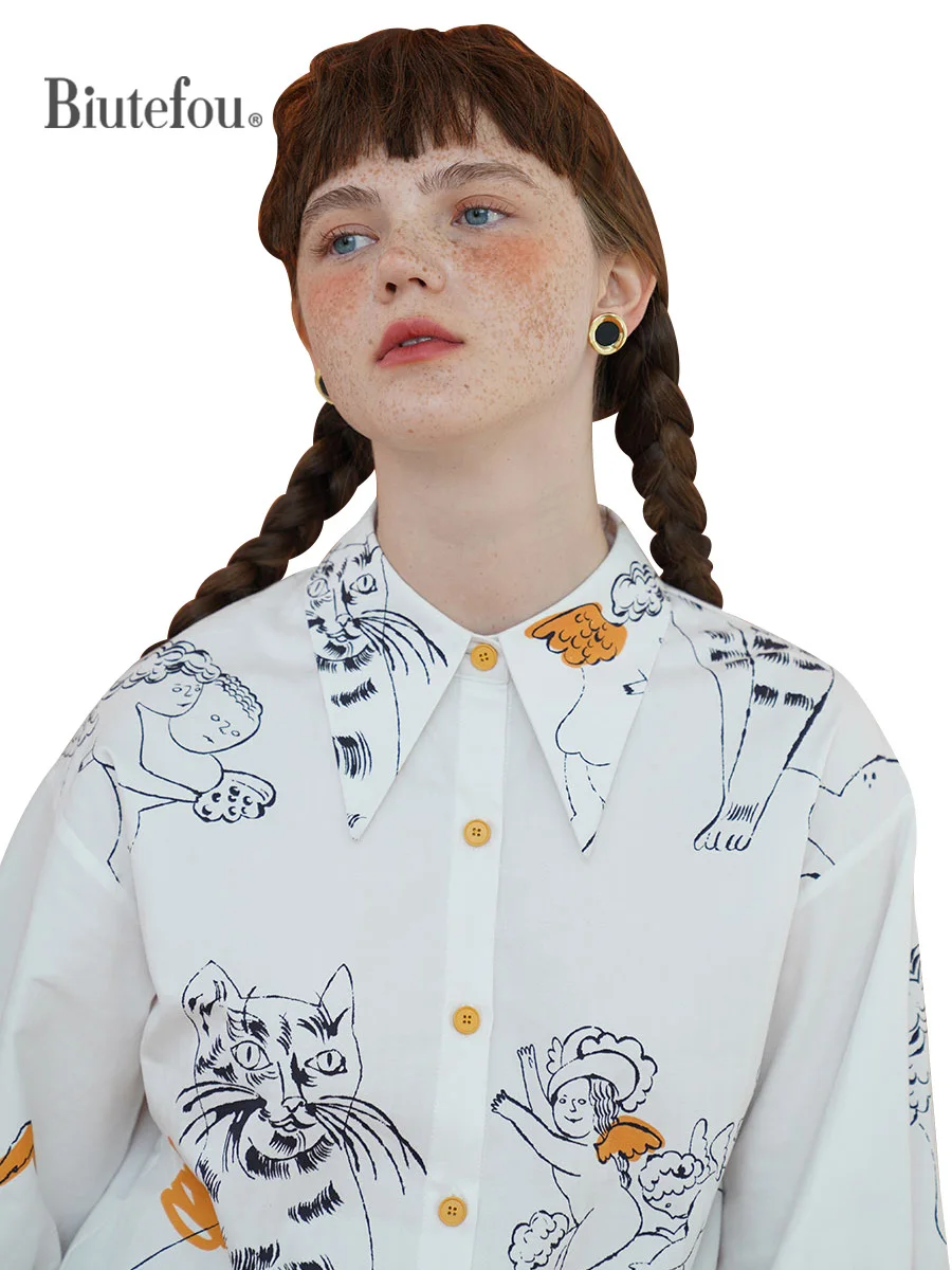 2023 Spring and Autumn Women Vintage Pop Art Lantern Sleeve Graffiti Cotton Shirt