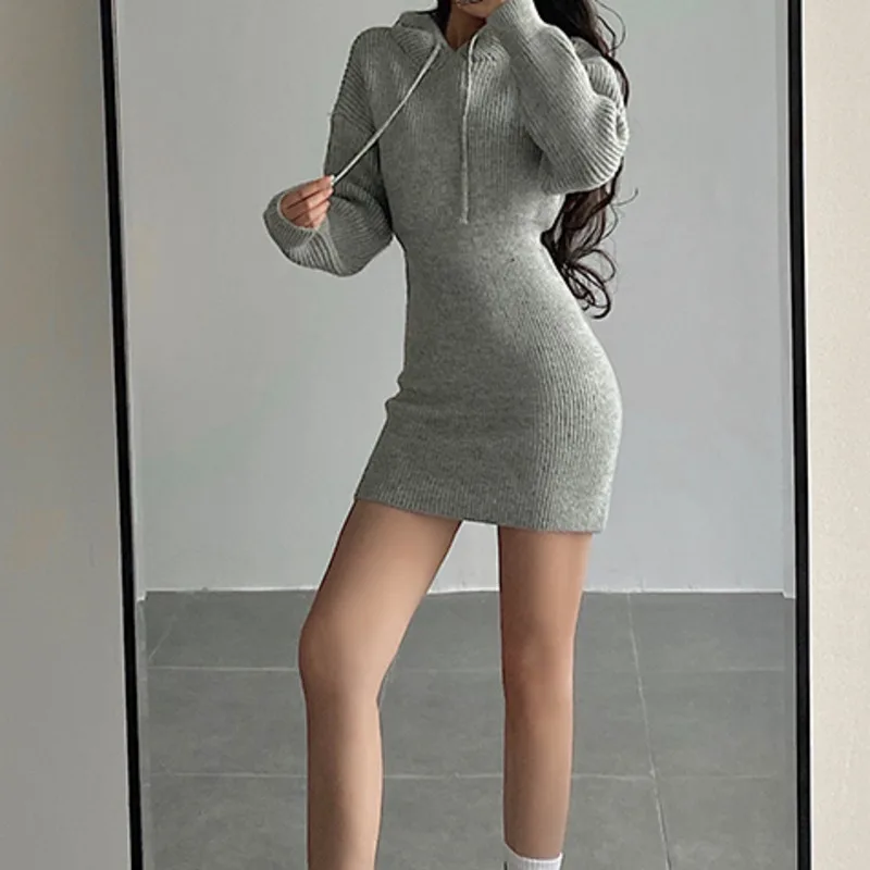 

WOMENGAGA Winter Long Sleeve Package Hip Hooded Dress Women European Style Slim Solid Color Sexy Mini Knitting Dresses 0K4A