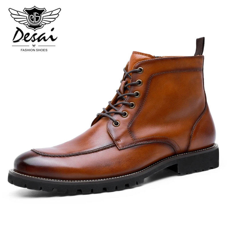 DESAI Autumn Winter Genuine Leather Boots Men s Large Size Lace-up Leather Shoes Men Zipper Boots First Layer Cowhide High Shoes
