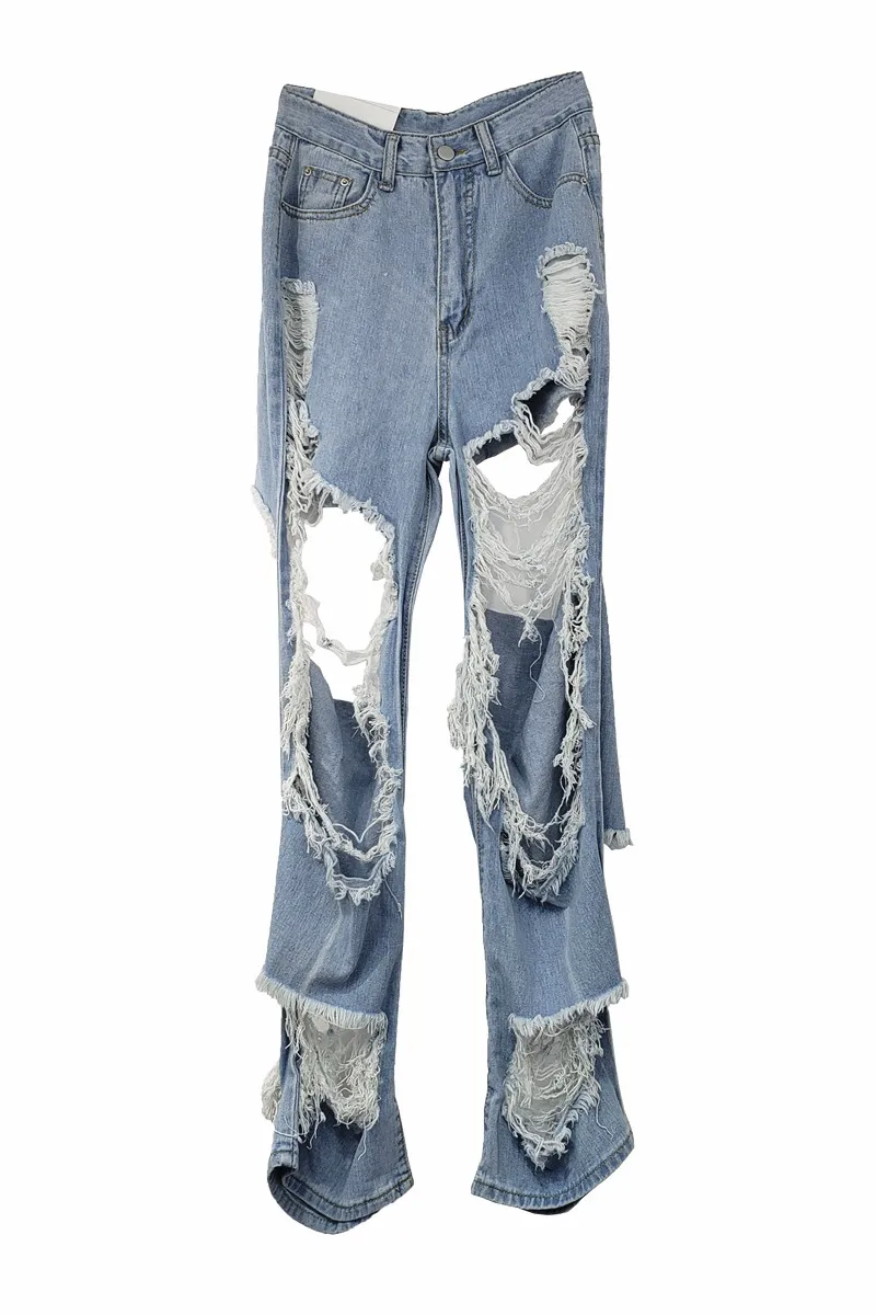 

Women's High Waist Denim Baggy Pants Ripped Straight Loose Jeans 2021 Summer Female Slimming Mopping Beggar Wide Leg Trousers