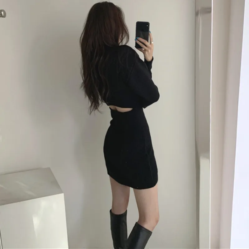 

Fashion Hollow Out Waist Sweater Dress Women Autumn Winter High Elastic Twist Knitted Dress Casual Bodycon Mini Dress 3 Colors