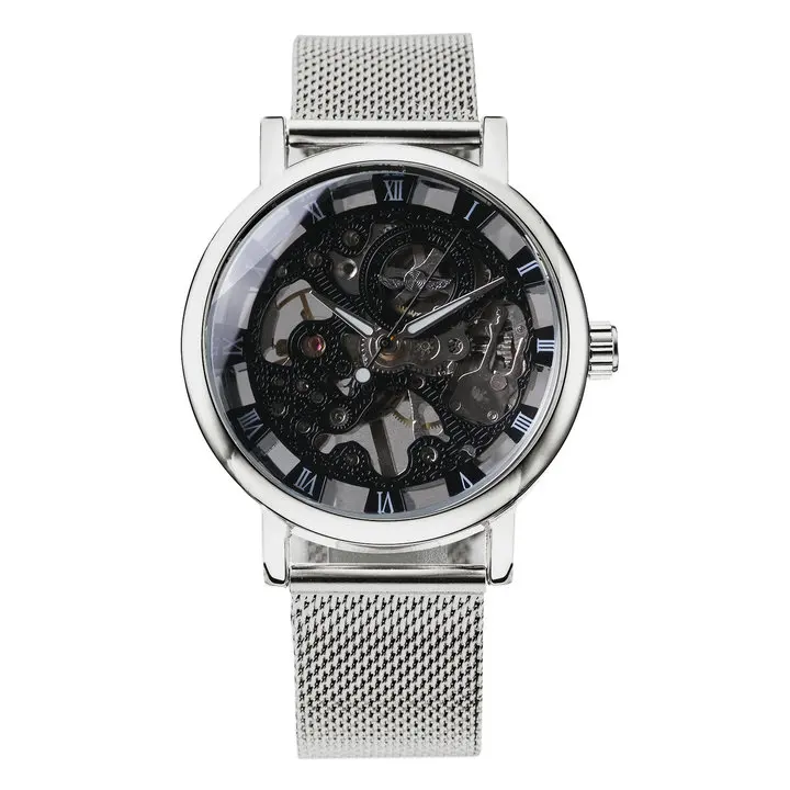 MESH SILVER BLACK Победитель Топ Бренд роскошные классические механические часы для мужчин Скелет циферблат мода Бизнес Свадебный подарок золотые унисекс наручные часы - Цвет: MESH SILVER BLACK