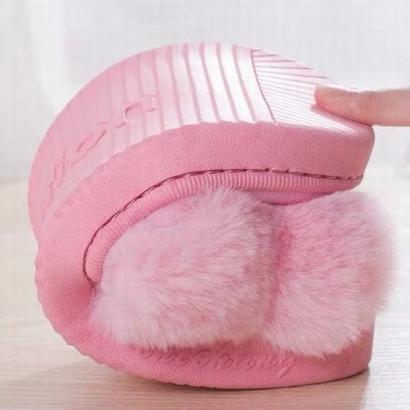 Женские тапочки с меховым помпоном пушистые домашние флисовой подкладкой