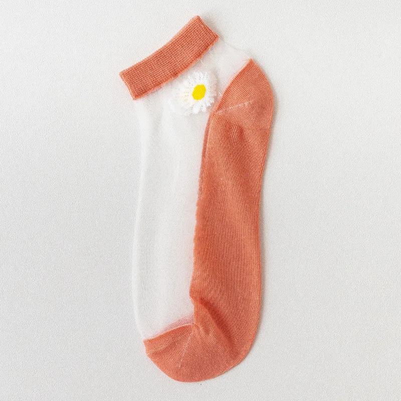 

2021 New Women Summer Ultrathin Ankle Socks Transparent Daisy Embroidery Lace Silk Elastic Socks Cute Girls Short Socks