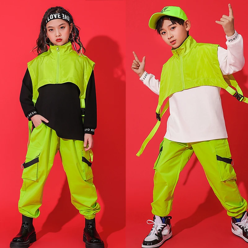 

Kids Hip Hop Dancing Outfits Fluorescent Green Vest Cargo Pants Girls Boys Jazz Dance Costumes Stage Street Dance Wear SL6021