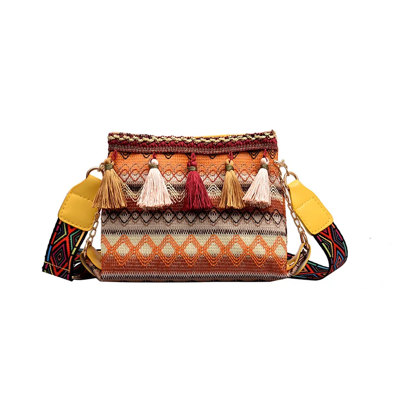 

2021 Summer Brand Designer Women's Shoulder Diagonal Bag Ethnic Style Small Square Pack Female Wild Tassel Handbag Crossbody Bag
