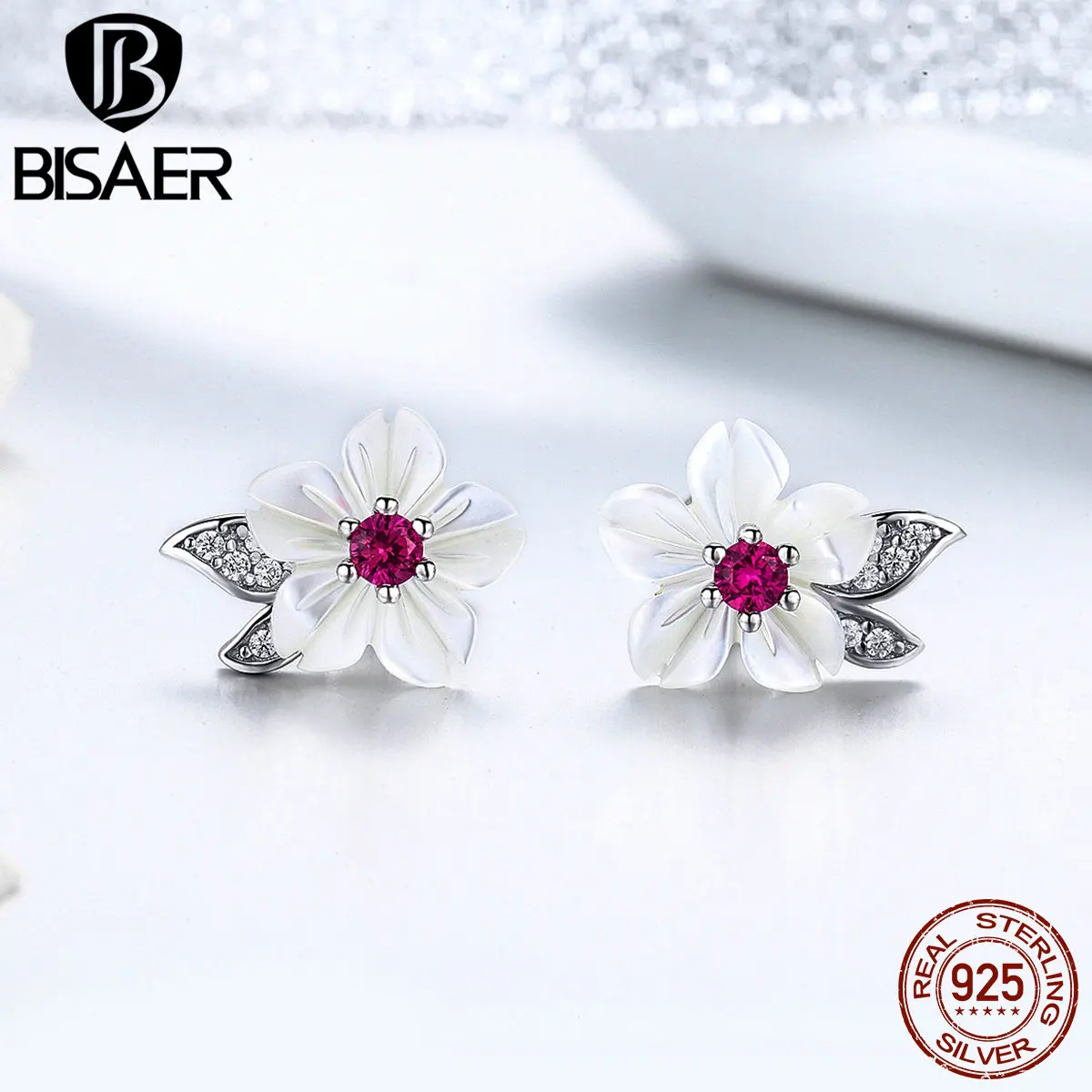 BISAER серьги-гвоздики из стерлингового серебра 925 пробы с цветущей ракушкой и
