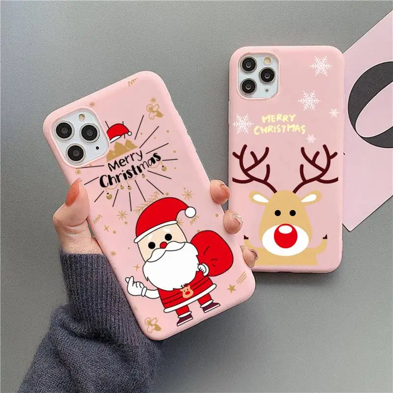 

Christmas Cartoon Deer Phone Case For iphone 13 12 11 Pro Max Mini XS 8 7 6 6S Plus X SE 2020 XR Matte Candy Pink Silicone cover