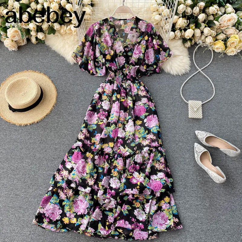 

Women New Fashion V-neck Ruffled High Waist Slim Floral Print Casual Dress Lady Sexy Vestidos Mujer