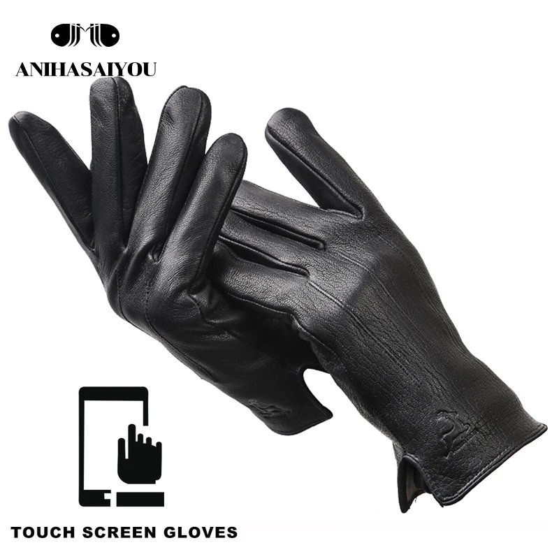 Touch screen gloves Новые мужские кожаные перчатки, мужские перчатки из натуральной кожи с оленем, теплые мягкие мужские зимние перчатки, черные мужские кожаные перчатки-8012 - Цвет: Touch screen gloves