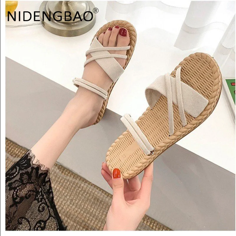 Women Sandals 2021 Summer Flat Beach Shoes Fashion Roman Style  Thin Strips Gladiator Non Slip Female Sandalias De Las Mujeres