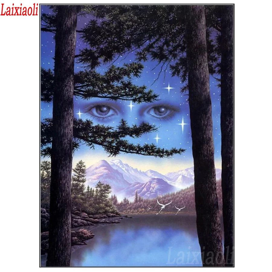 Алмазная мозаика 5D дерево озера живопись своими руками полная круглая вышивка