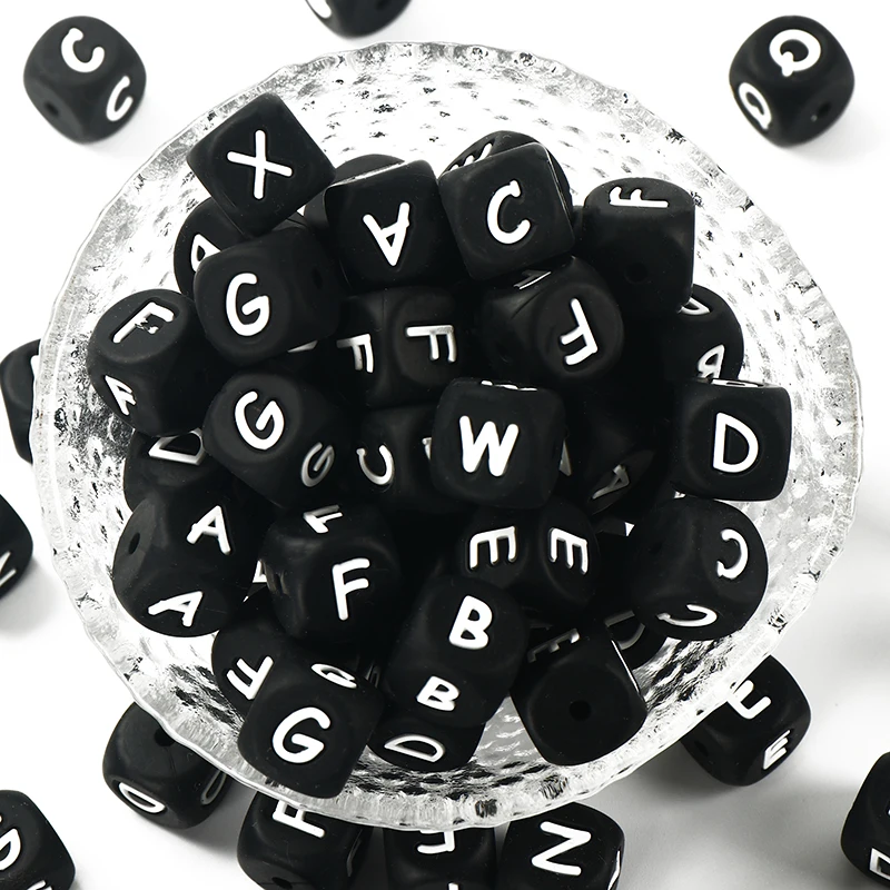 

50Pcs/Lot 12mm Silicone Beads Black English Letter Chewing Alphabet Beads Baby Toy Baby Teether Beads Name Pacifier Chain Clips