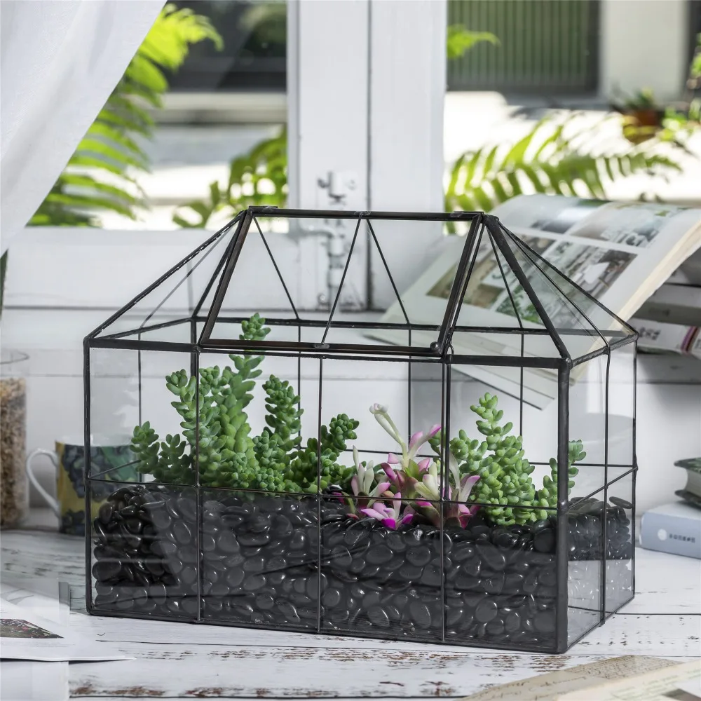 NCYP Glass Geometric Terrarium Tin-Sealed Brass Black House Shape Container with Grid and Swing Lid for Moss Succulents Cacti