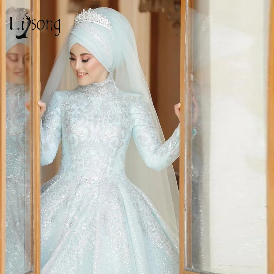 Красивые детские синие кружевные мусульманские свадебные платья с блестками