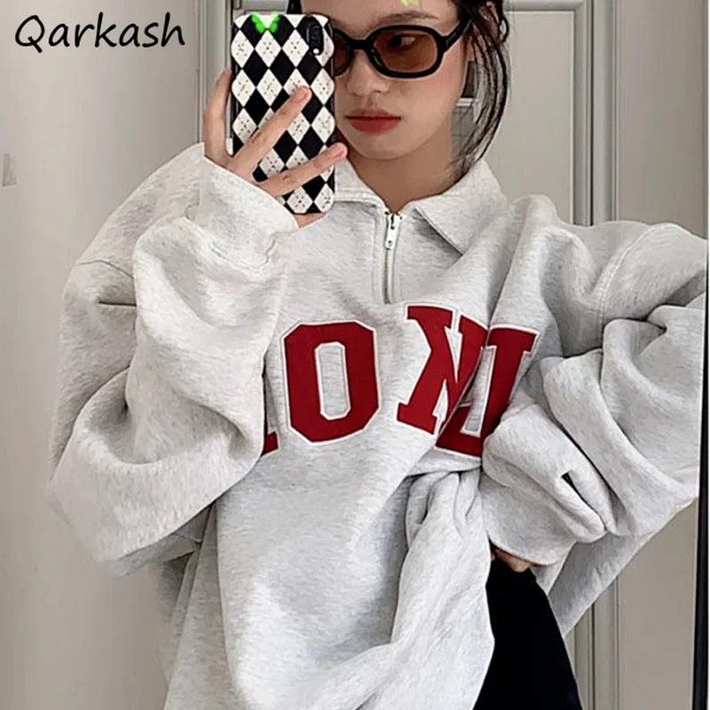 

Sweatshirts Women Harajuku Couple Stylish Letter Zipper Design Mujer Turn Down Collar Popular Hot Sale High Street Female Retro