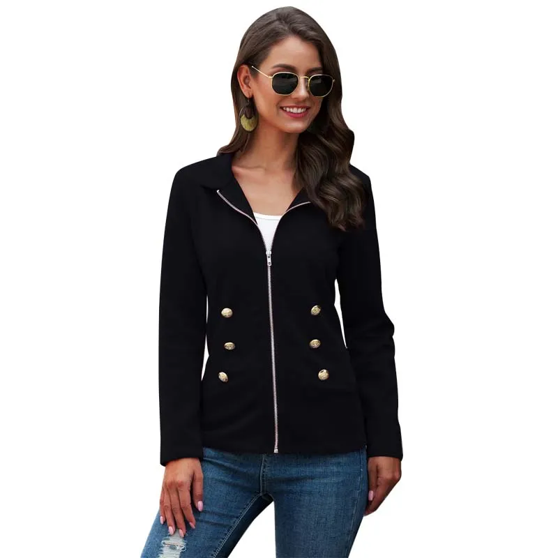 

New Jacket Tops For Women Autumn Vintage Long Sleeve Stand Collar Zipper Office Lady Fashion Casual Jackets Feminine 2021