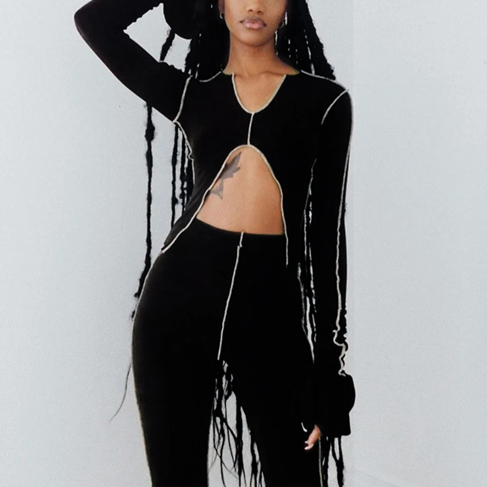 

Новый длинный комбинезон с расклешенными рукавами, сексуальный укороченный топ, леггинсы, комплект из 2 предметов, Осень-зима, женская мода, ...