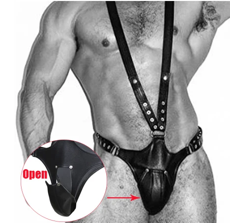 Кожаный ремешок с открытой промежностью брюки Мужской клетка целомудрия для